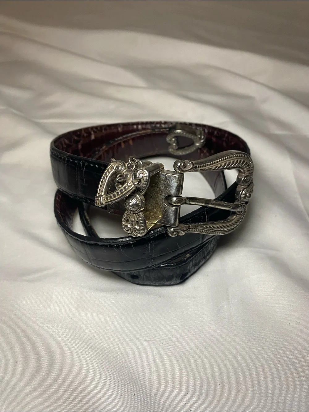 Brighton Black Croc-Embossed Belt with Ornate Silver Buckle